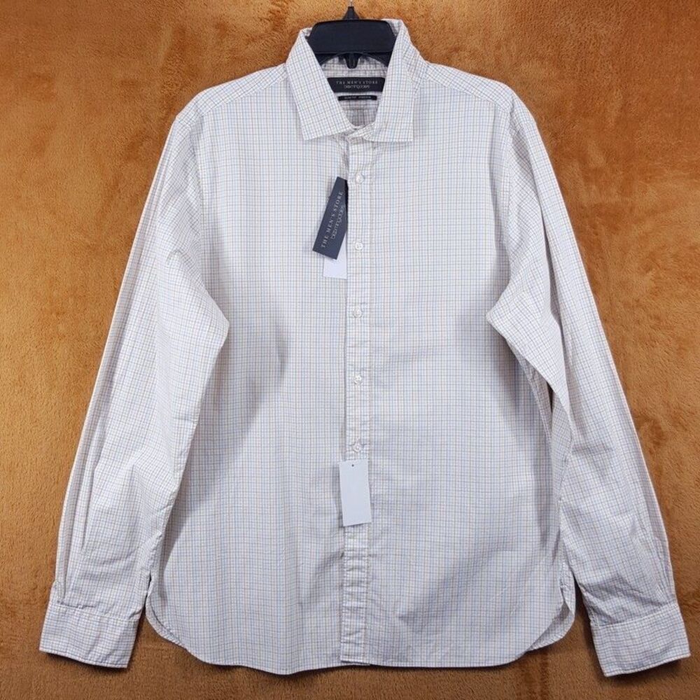 BLOOMINGDALES Mens Shirt XL Tan Stripe Button Up Slim Fit Stretch